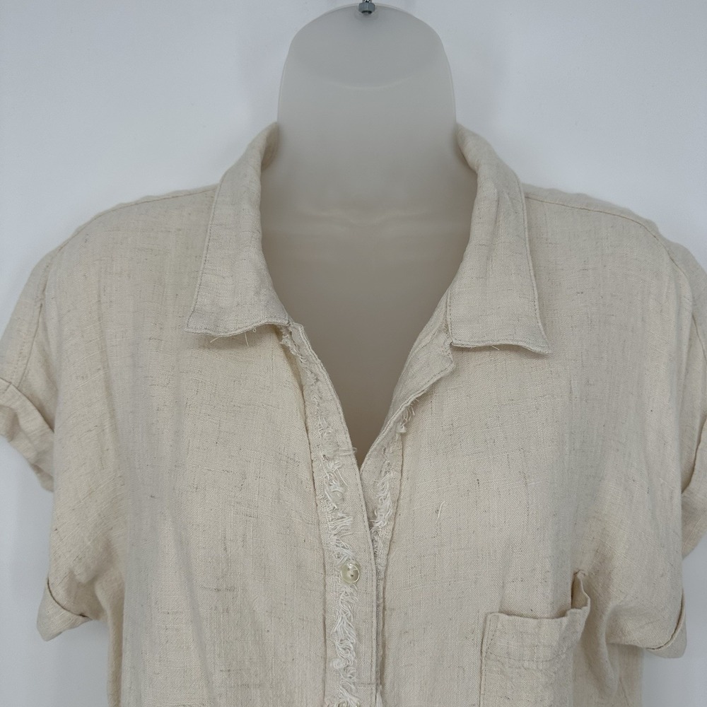 Umgee Sz S Oatmeal Beige Linen Blend Top Frayed Hem Shirt Rolled Cuff Sleeve - Picture 4 of 9